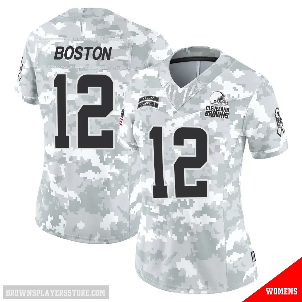 ＃12 Women's Denzel Boston Arctic Camo Limited Cleveland Browns 2024 Salute to Service Jersey