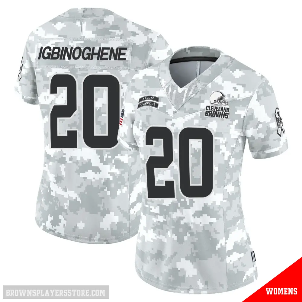 ＃20 Women's Noah Igbinoghene Arctic Camo Limited Cleveland Browns 2024 Salute to Service Jersey