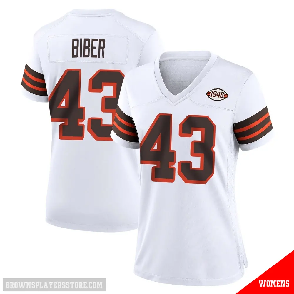 ＃43 Women's Drew Biber White Game Cleveland Browns 1946 Collection Alternate Jersey