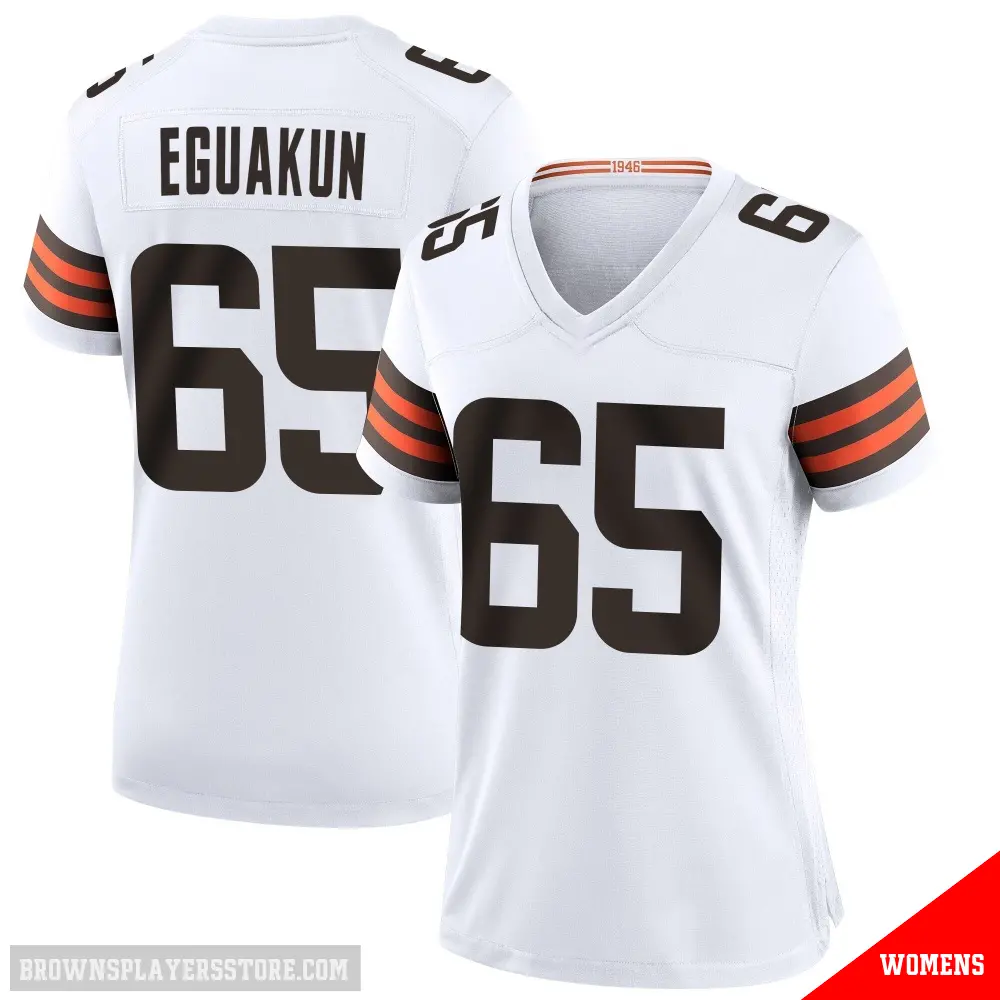 ＃65 Women's Kingsley Eguakun White Game Cleveland Browns Jersey