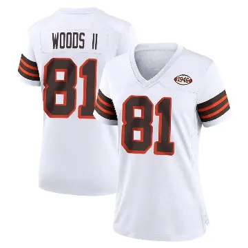 ＃81 Women's Michael Woods II White Game Cleveland Browns 1946 Collection Alternate Jersey