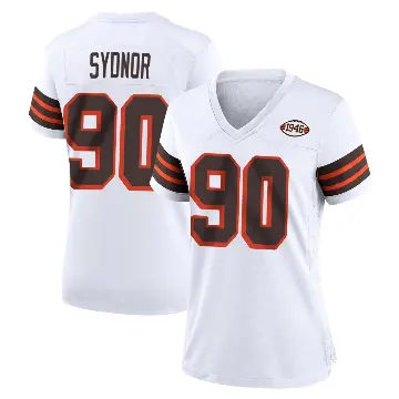 ＃90 Women's Khordae Sydnor White Game Cleveland Browns 1946 Collection Alternate Jersey